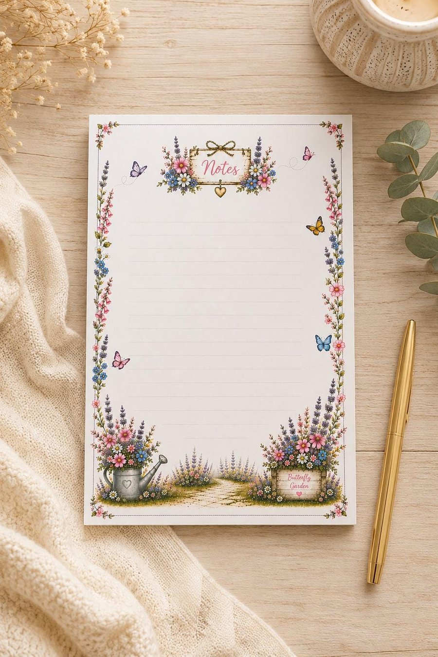 Butterfly Garden Lined Notepad - Floral Notes Pad - Shopping List Pad