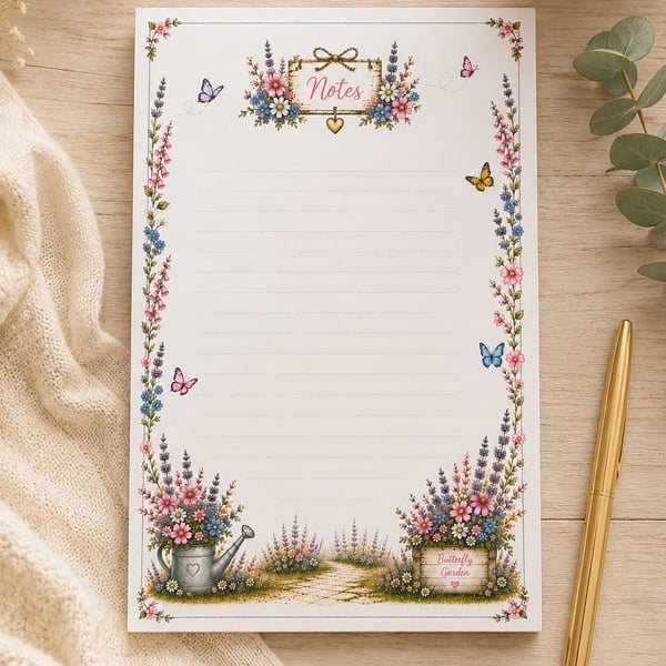Butterfly Garden Lined Notepad - Floral Notes Pad - Shopping List Pad