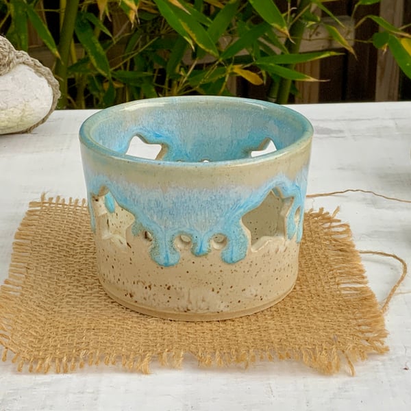 Tealight Candle Holder with winter wood & norse blue glaze 