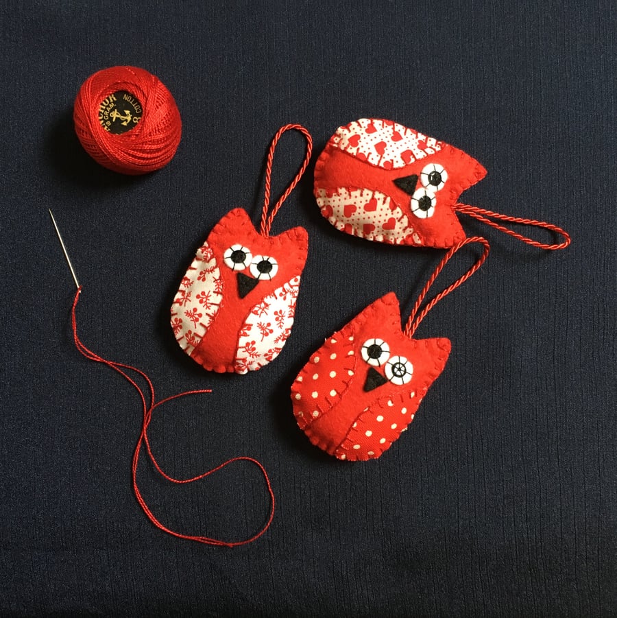 3 Handmade Christmas Owl Felt Ornaments