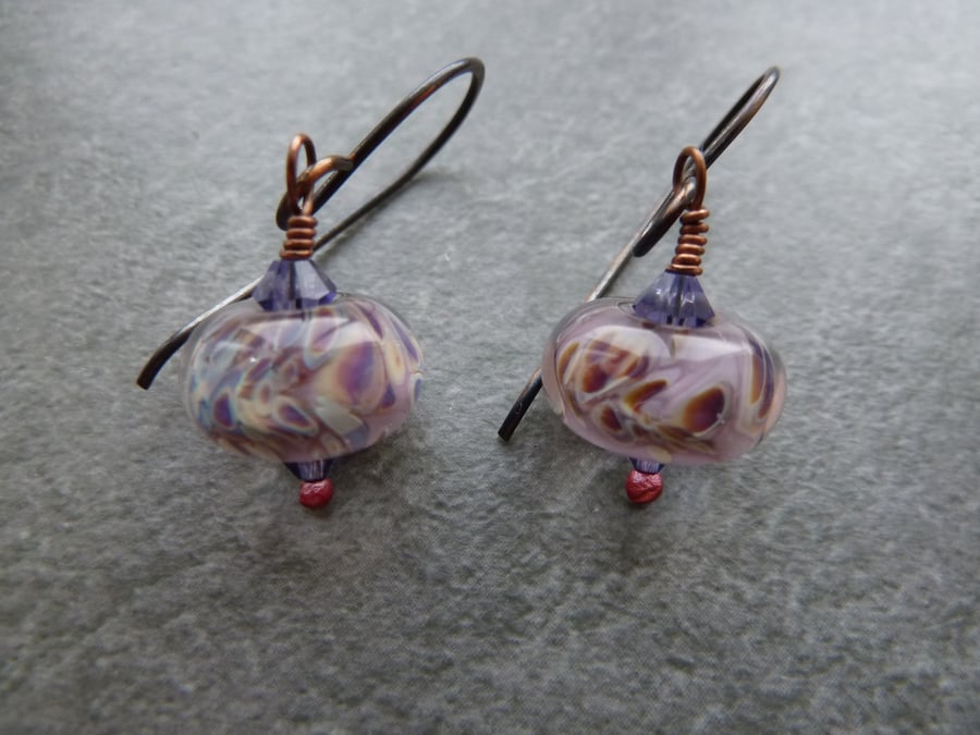 copper earrings, purple lampwork glass