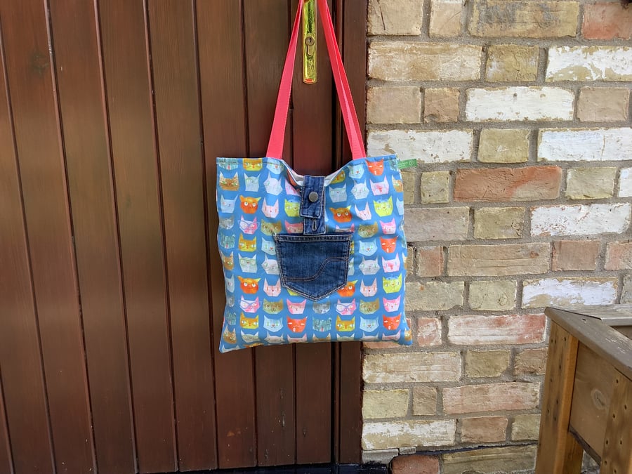 Handmade  print tote.Quirky felines with glasses and hats. Recycled denim