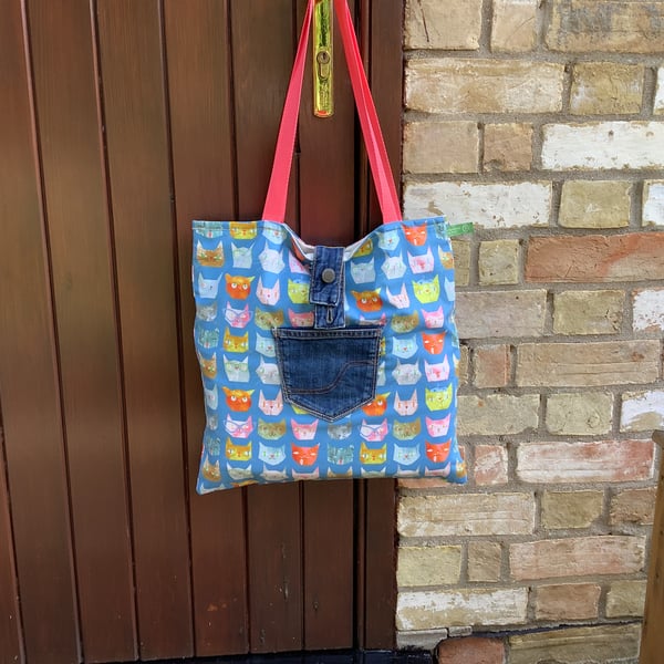 Handmade  print tote.Quirky felines with glasses and hats. Recycled denim