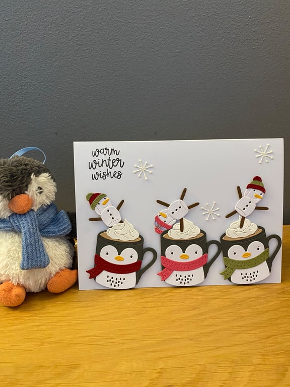 Handmade Christmas Card – Warm Winter Wishes Penguin & Snowman Design