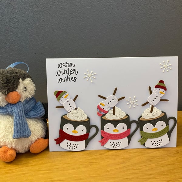 Handmade Christmas Card – Warm Winter Wishes Penguin & Snowman Design