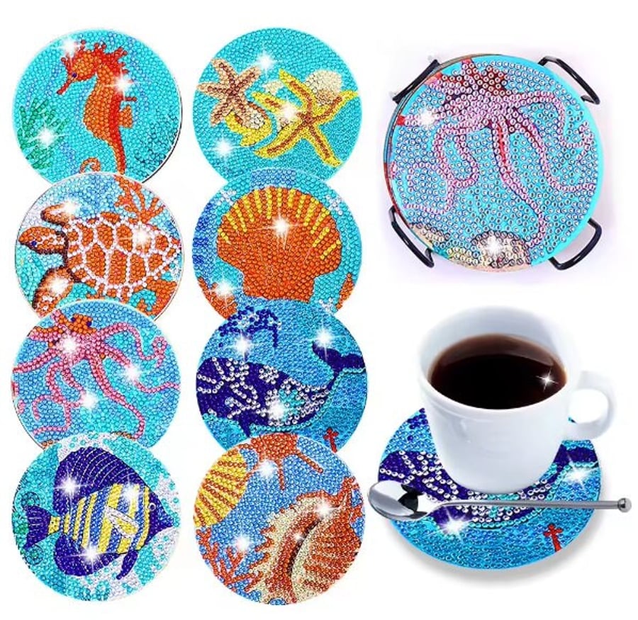 Sea Creature Coasters Kit, 8pcs 5D Diamond Painting Coasters Kit, Colorful Coast