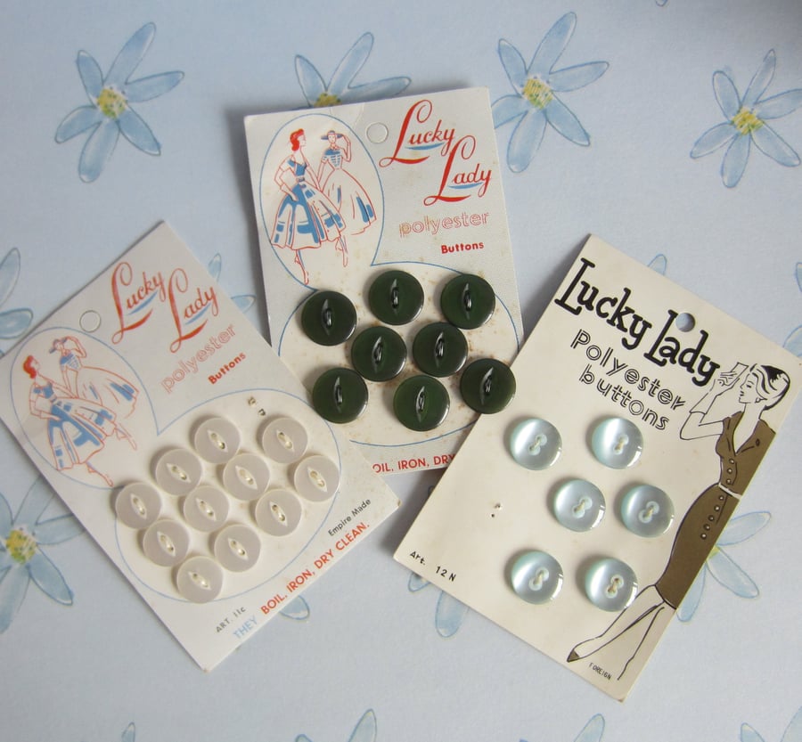3 Cards of Vintage Lucky Lady Buttons