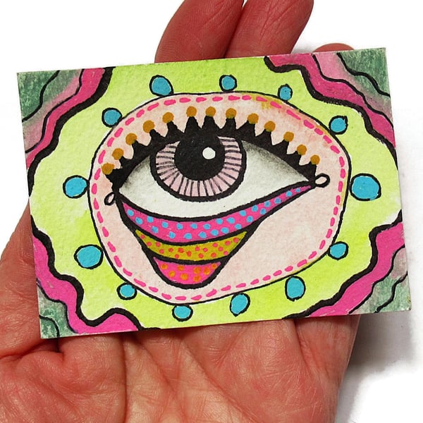ACEO Abstract Eye Miniature Watercolour Outsider Art Tiny Painting Drawing