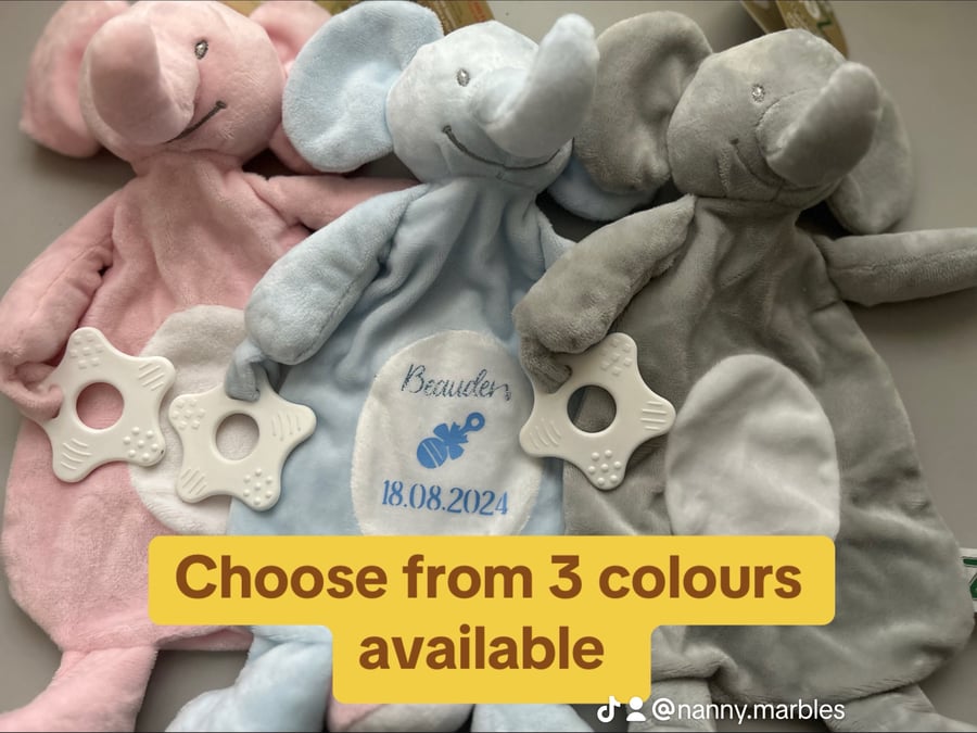 Personalised Baby Teether & Comforter Toy.  3 different colours available. 