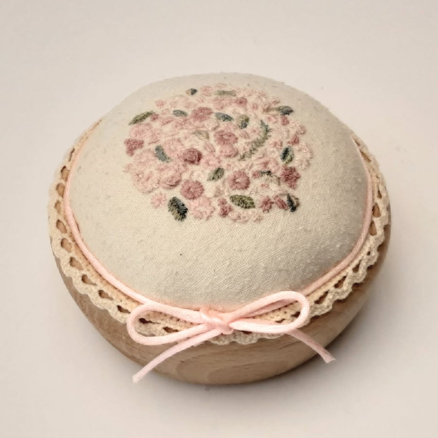 Pin cushion, hand embroidered pincushion, pink floral embroidery, sewing gift
