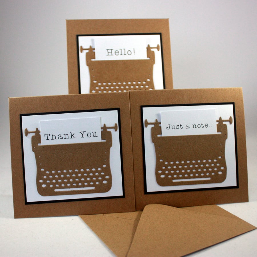 Pack of 3 handmade blank notecards - typewriter message 