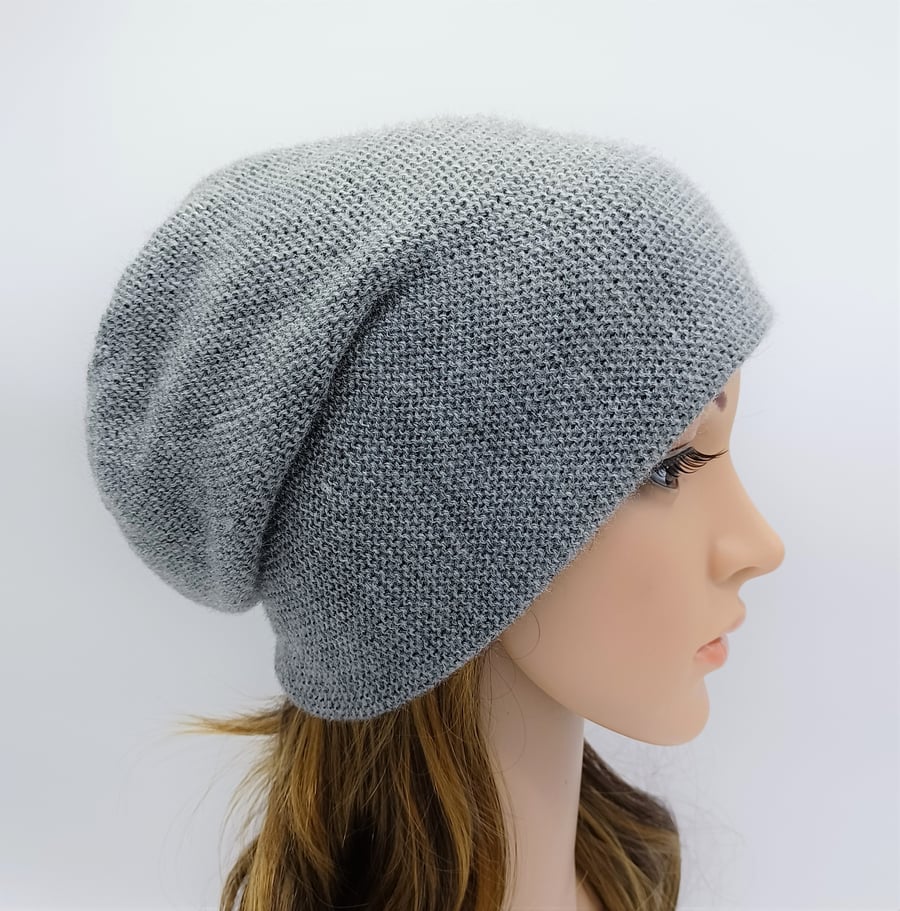 Handmade knitted  light grey beanie hat, fall hat, slouchy acrylic beanie hat