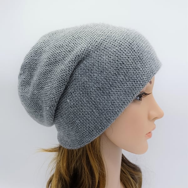 Handmade knitted  light grey beanie hat, fall hat, slouchy acrylic beanie hat