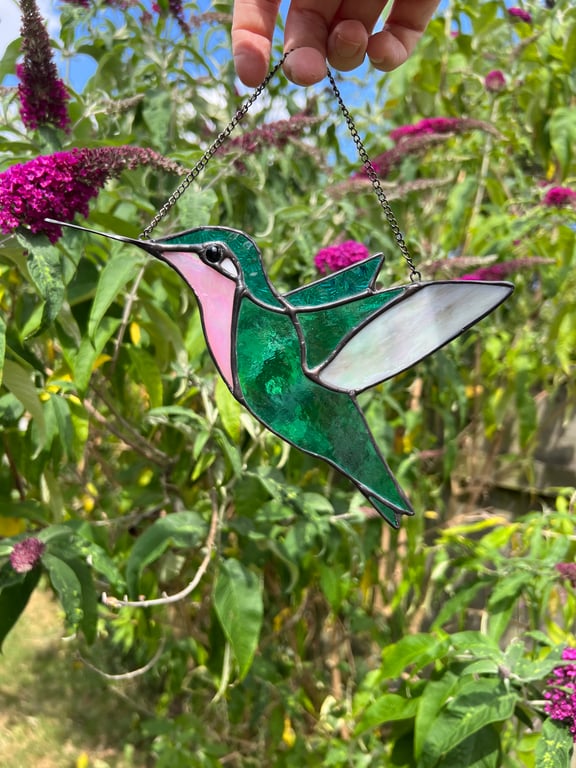 Stained Glass hummingbird in teal and pink - leaded glass bird 