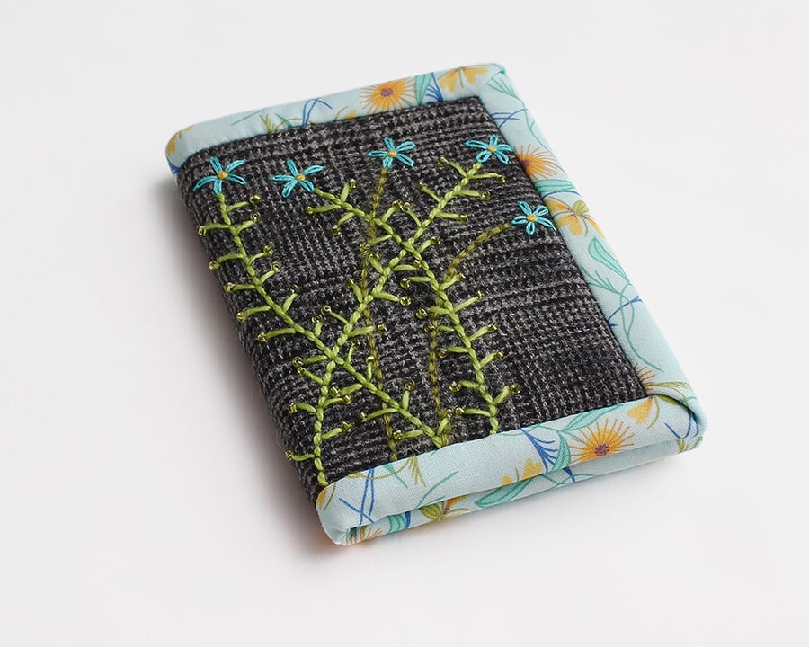 Grey checked fabric A7 notebook with hand embroidered forget-me-not 