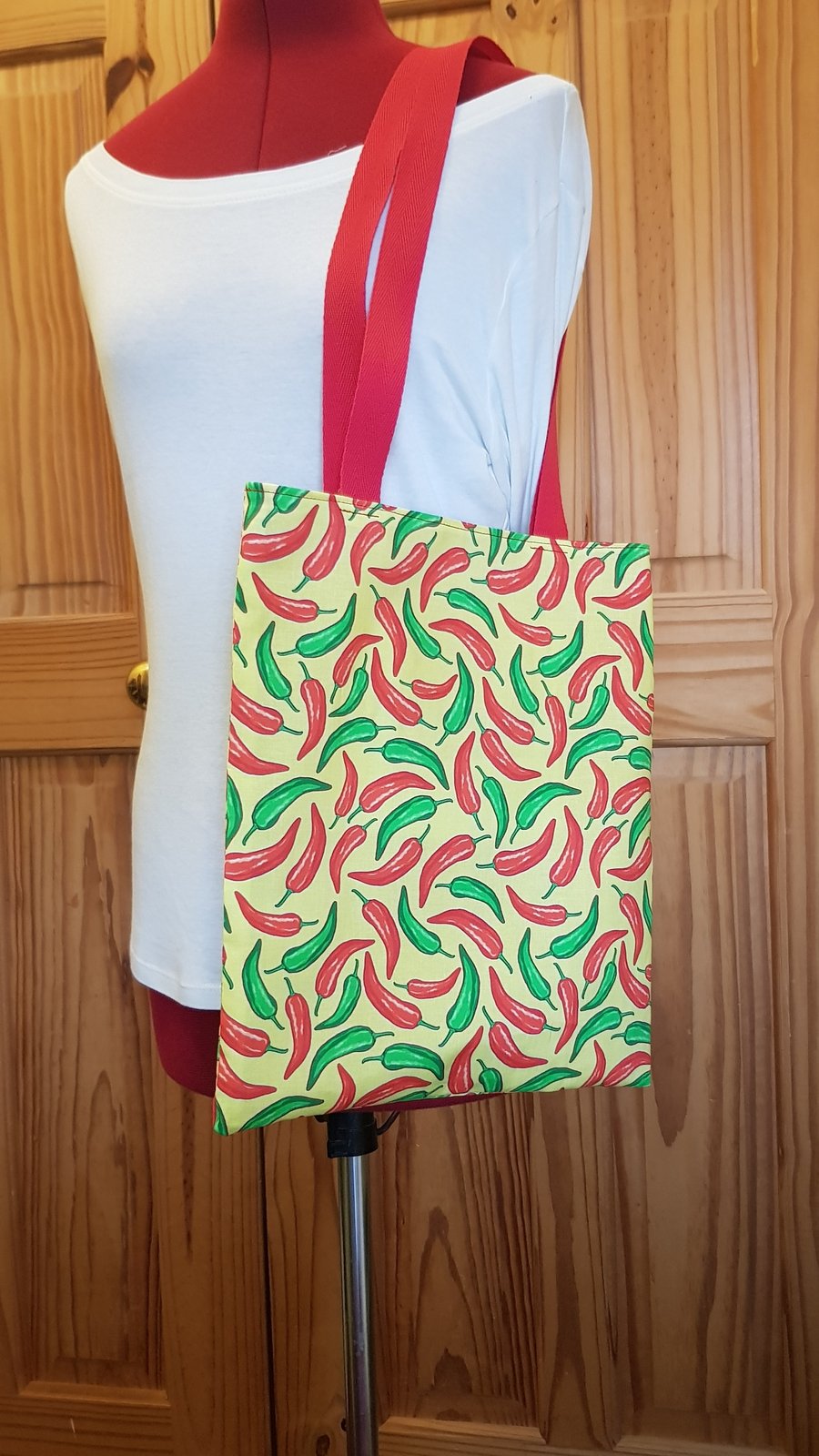 Cheerful chilli cotton tote bag with long handles  and inside pocket