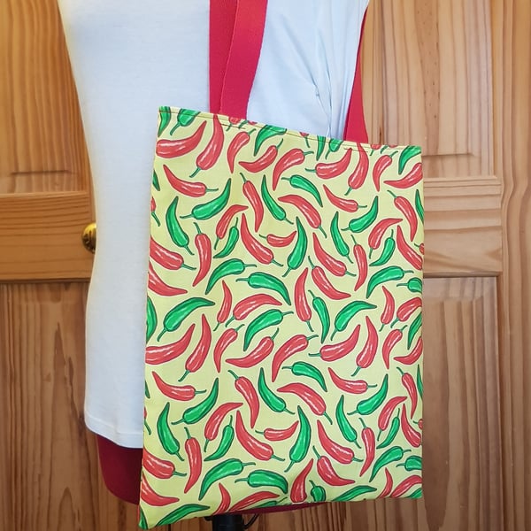 Cheerful chilli cotton tote bag with long handles  and inside pocket