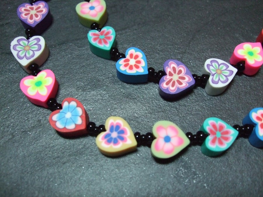 Love Heart Collection Rainbow Hearts Kitsch Polymer Clay Necklace 18 inch
