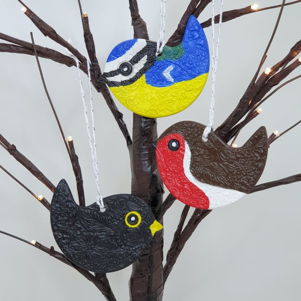 Garden bird decorations - clay robin, bluetit and blackbird bird lover gift