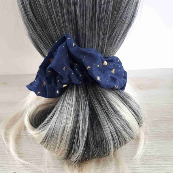 Oversized, Navy Moon & Stars, Large Wide Cotton Scrunchies Thick Elastic, C41