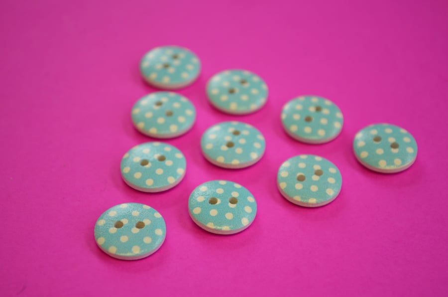 15mm Wooden Spotty Buttons Blue With White Dots 10pk Spot Dot (SSP12)