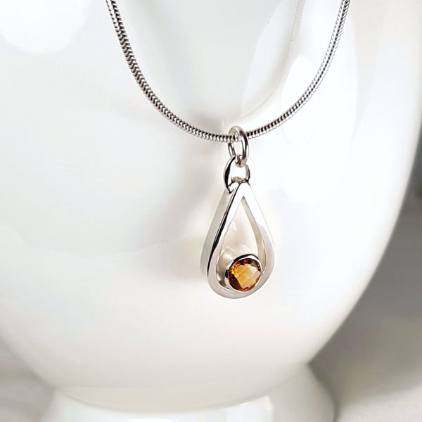 Sterling Silver Citrine Necklace, Silver Teardrop Pendant, November Birthstone