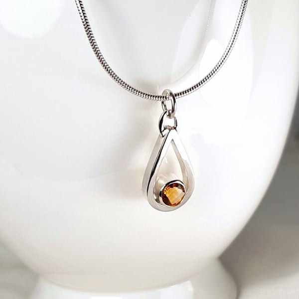 Sterling Silver Citrine Necklace, Silver Teardrop Pendant, November Birthstone