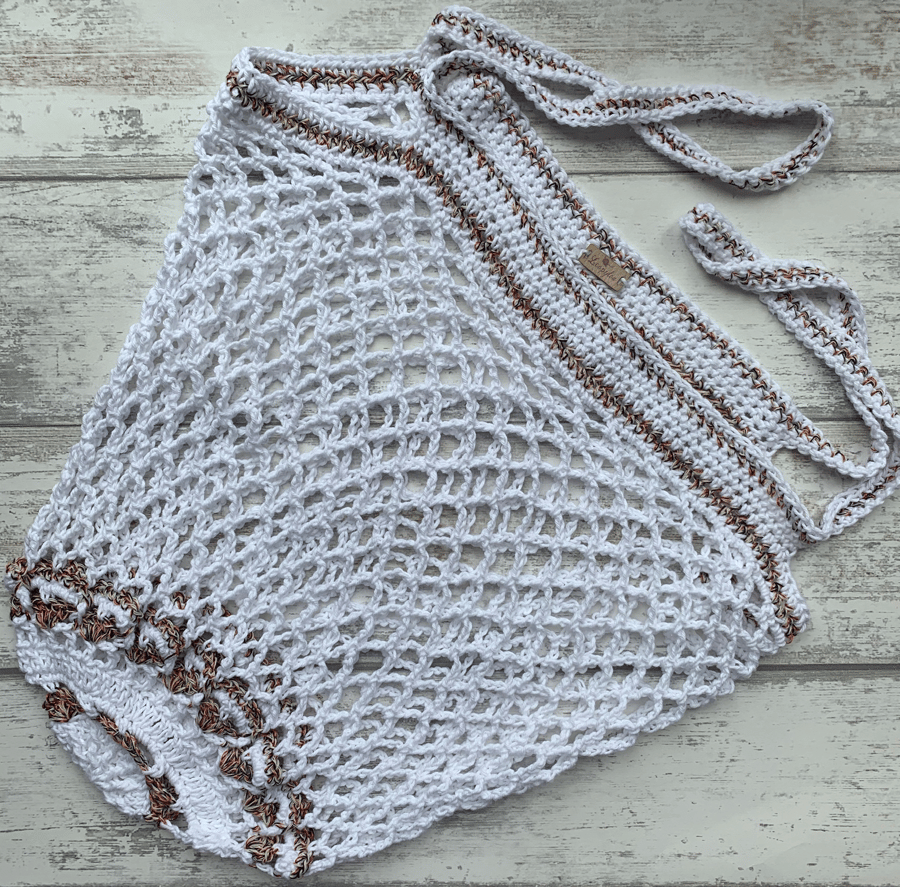 Cotton crochet string market festival beach tote bag in white