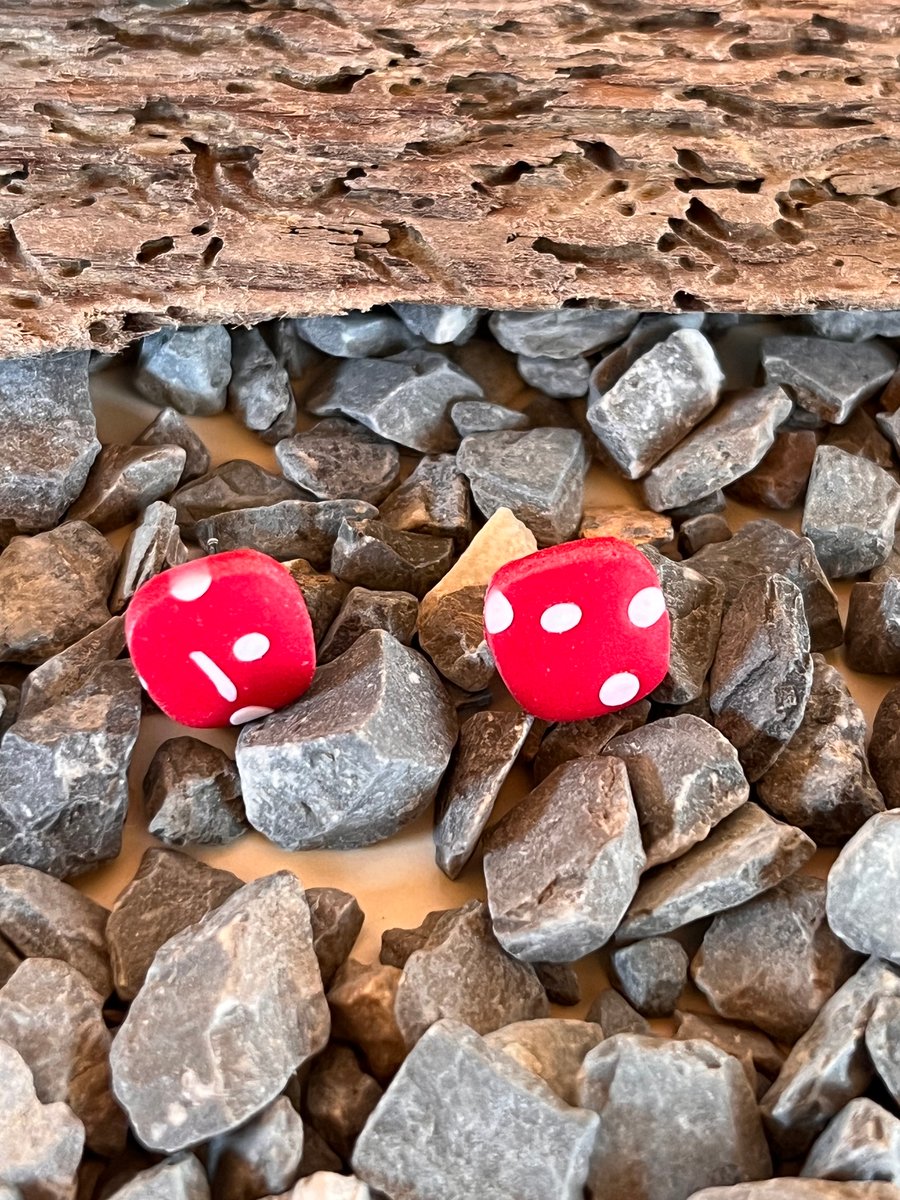 Polymer clay stud earrings, red and white polka dot design