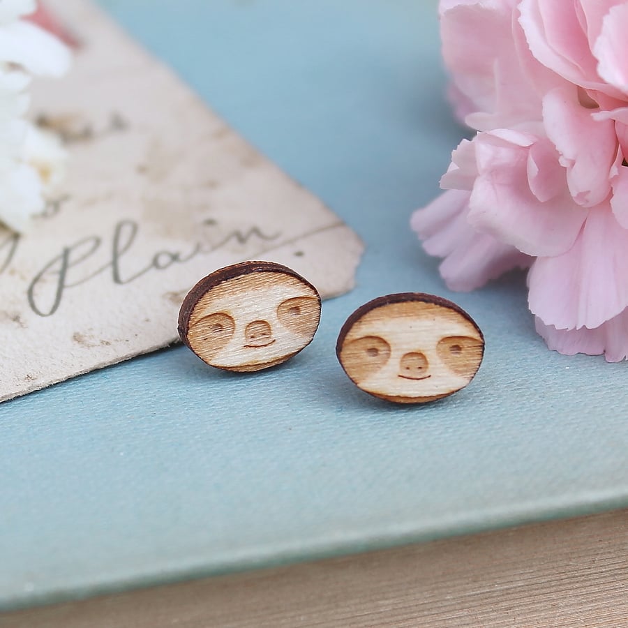 Wooden Sloth Stud Earrings