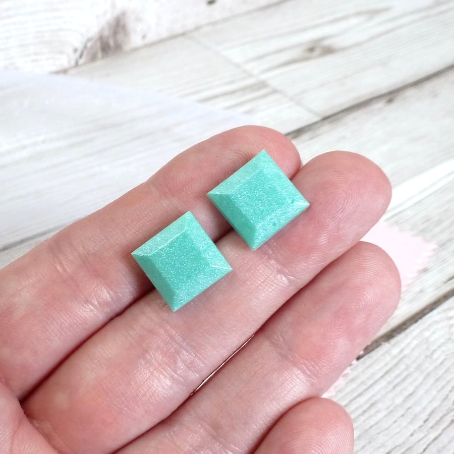 Turquoise square stud earrings for women. Pastel ear studs.