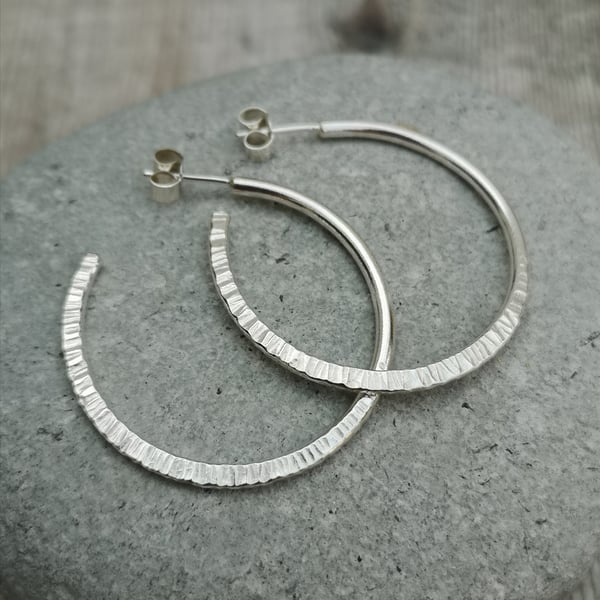 Sterling Silver Large Textured Hoop Stud Earrings