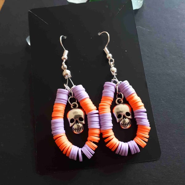 Skull Charm Clay Earrings Purple & Orange, Dangle Drop, Halloween Holiday, A54