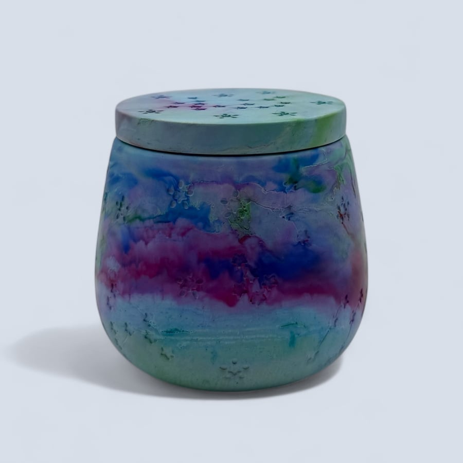 Purple, Green and Blue Marbled Jewellery Box – Handmade Trinket Pot with Lid