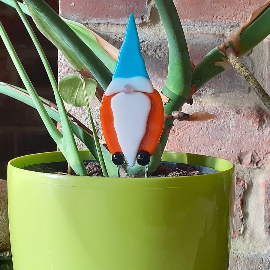 Fused glass gonk or gnome plant pot garden stake decoration