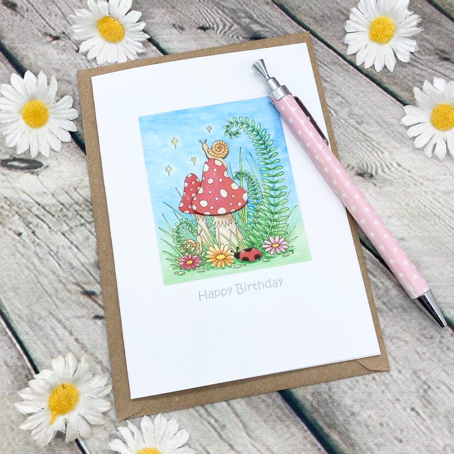 Toadstool Card - Blank Card - Birthday Card - Toadstool & Snail - Stargazing