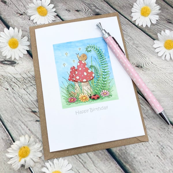 Toadstool Card - Blank Card - Birthday Card - Toadstool & Snail - Stargazing