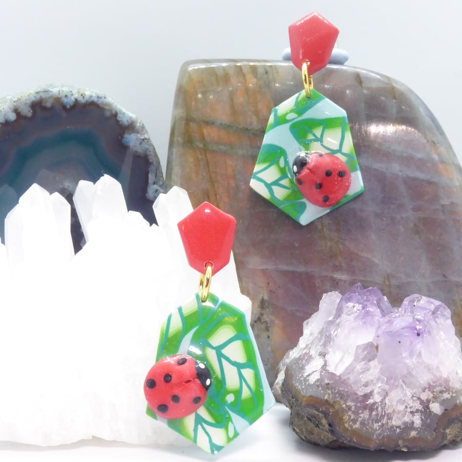 Blue, Green and Red Ladybird Statement Earrings