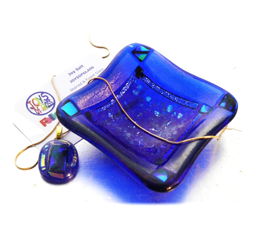 Fused Glass Trinket Dish 8.5cm Royal Blue Dichroic Deep