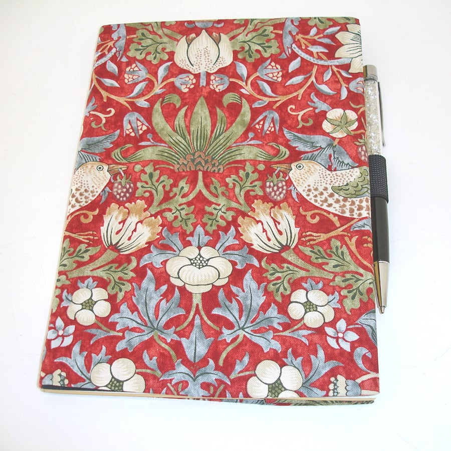 Book Cover A5 Notebook With Pen Holder William Morris Strawberry Thief Birds Red