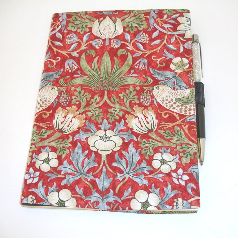 Book Cover A5 Notebook With Pen Holder William Morris Strawberry Thief Birds Red