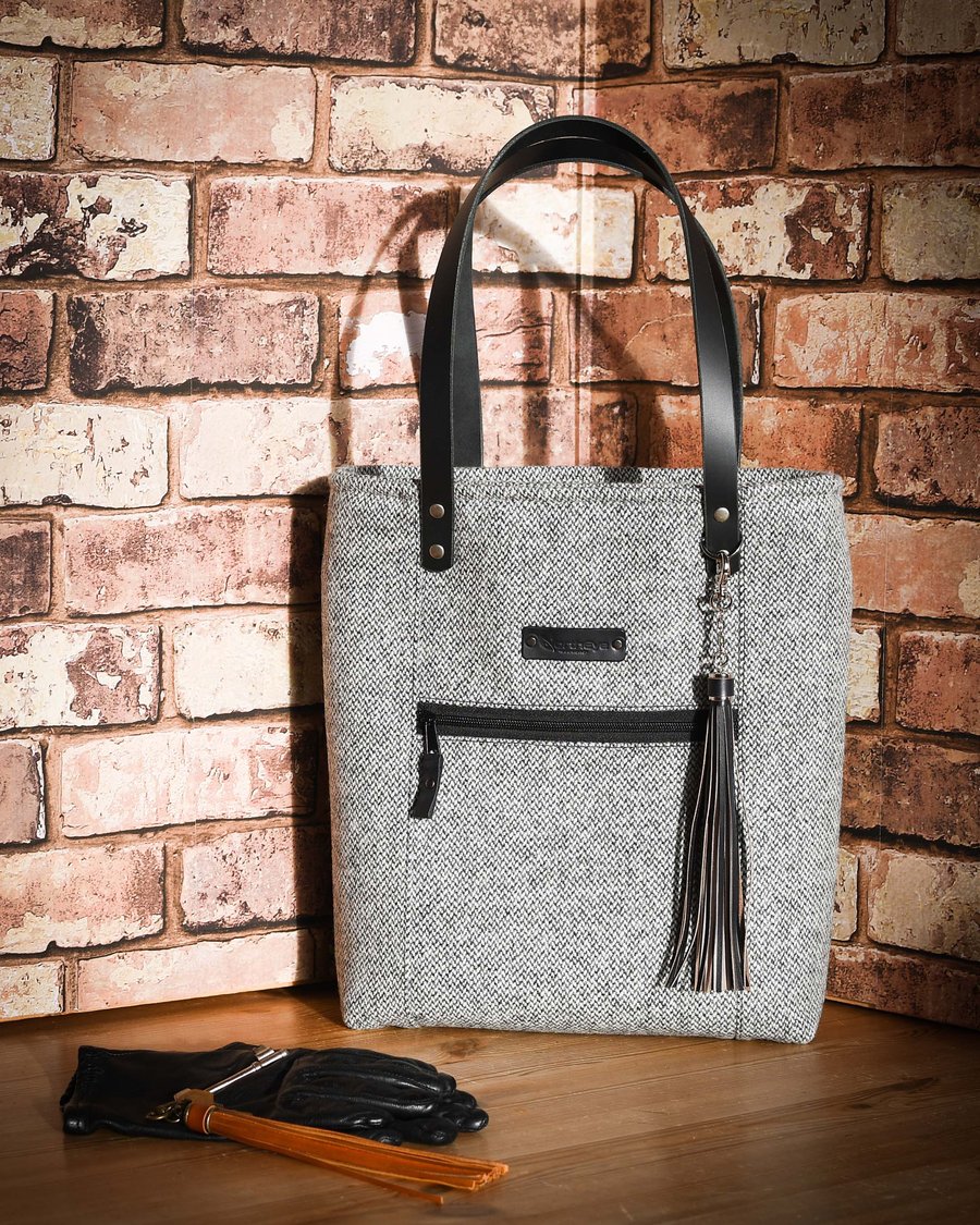 Grey 100% wool tweed tote bag with leather handles and a matching leather tassel
