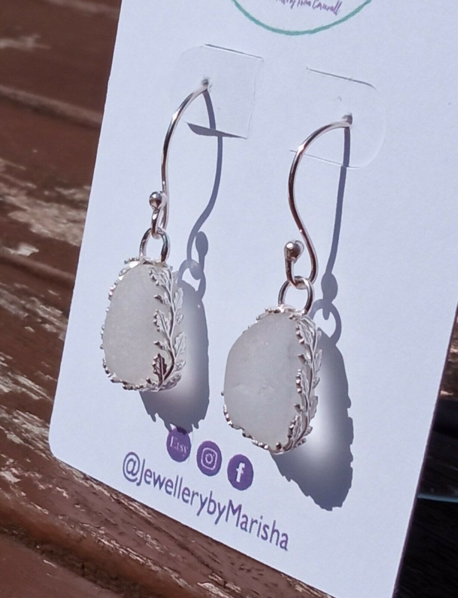 White Seaglass Dangly Earrings with Ornate Leaves Design in Sterling Silver