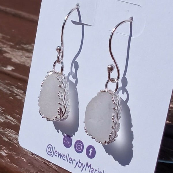White Seaglass Dangly Earrings with Ornate Leaves Design in Sterling Silver