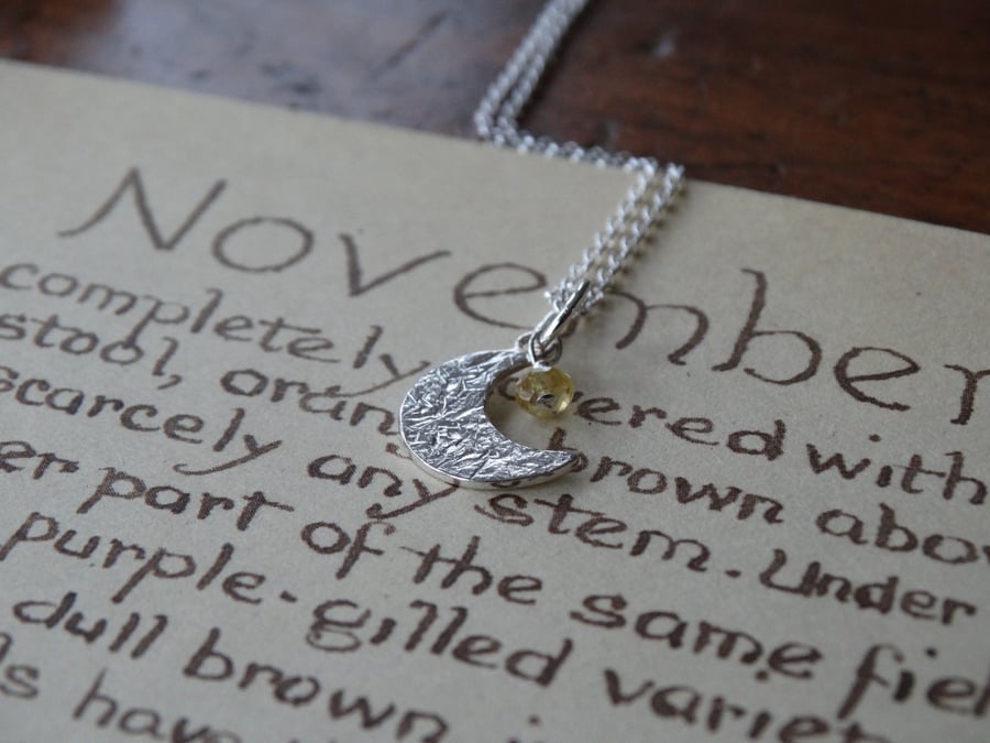 Moon crescent pendant - frost textured recycled silver with citrine star 