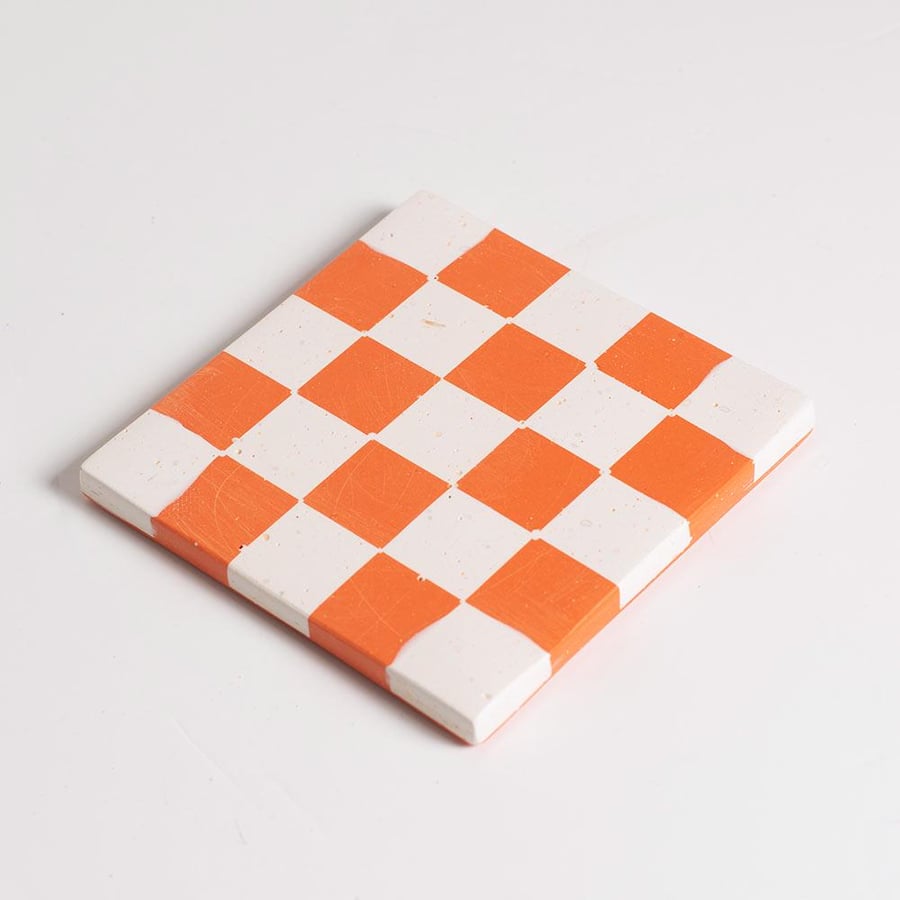 Summer Checkered Coaster – Orange & White Jesmonite, Handmade Modern Home Decor