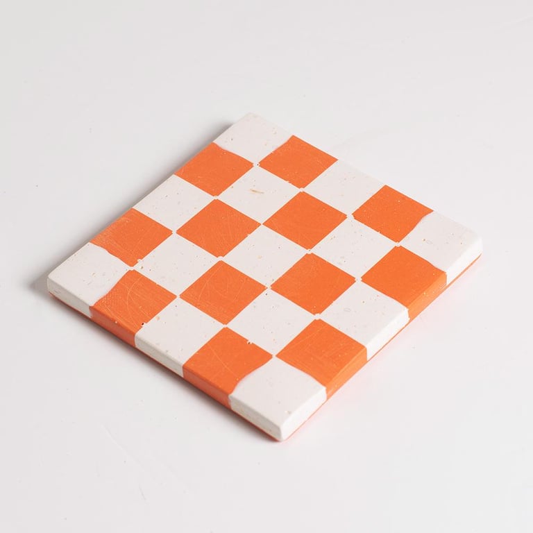 Summer Checkered Coaster – Orange & White Jesmonite, Handmade Modern Home Decor