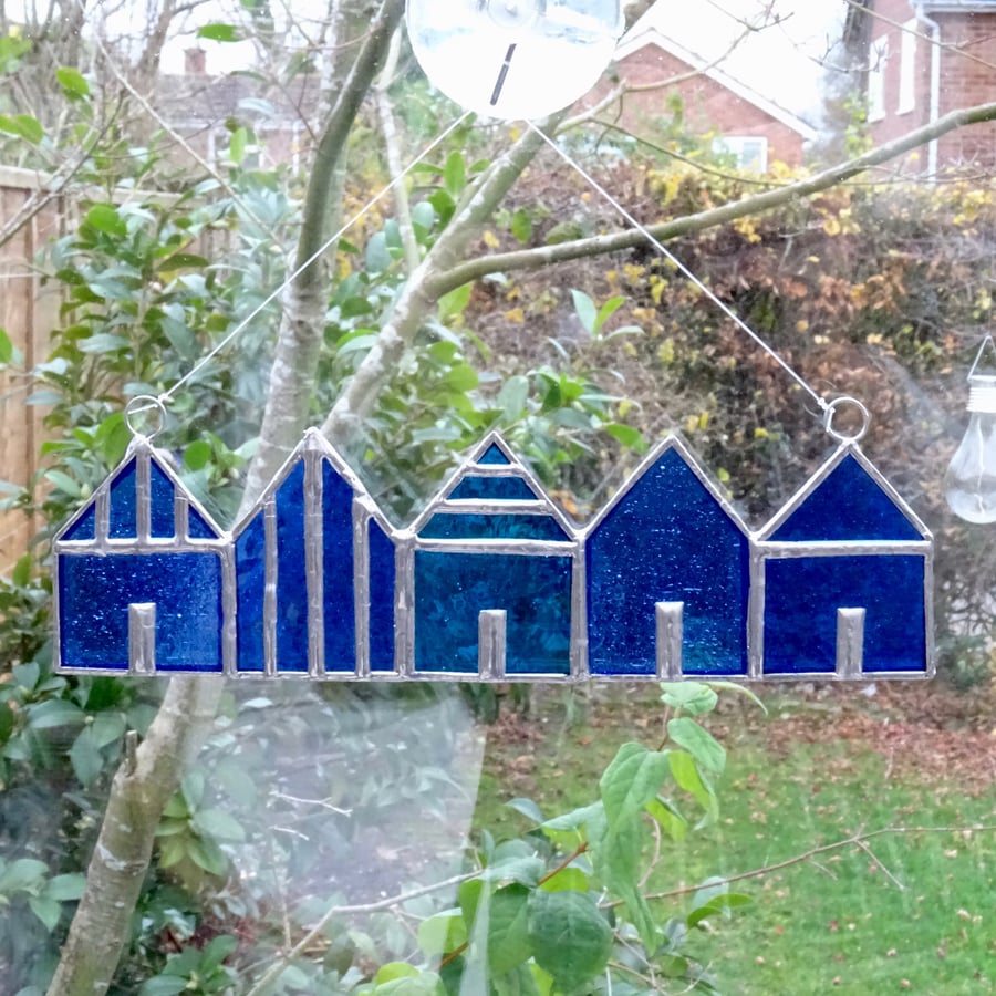 Stained Glass Suncatcher Beach Huts - Blue, and Turquoise