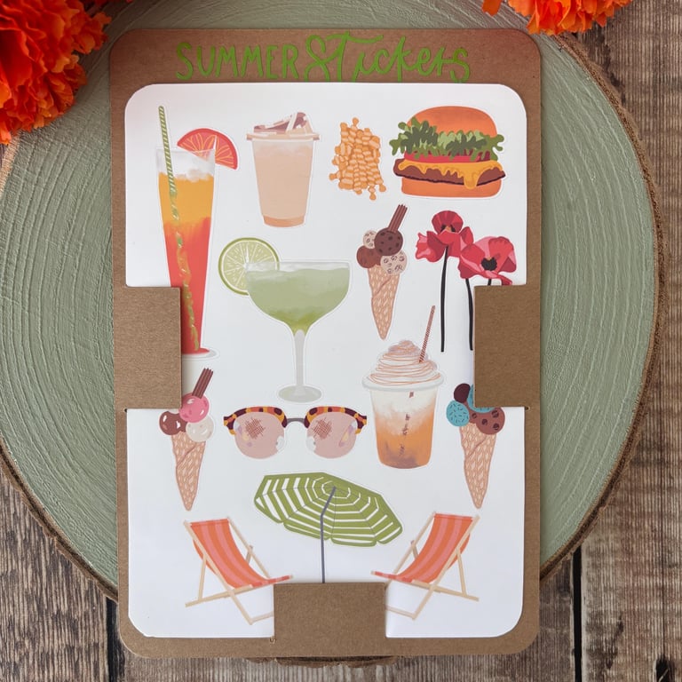 Summer Sticker Sheet: Hand-Drawn Cocktails, Flowers, & Food