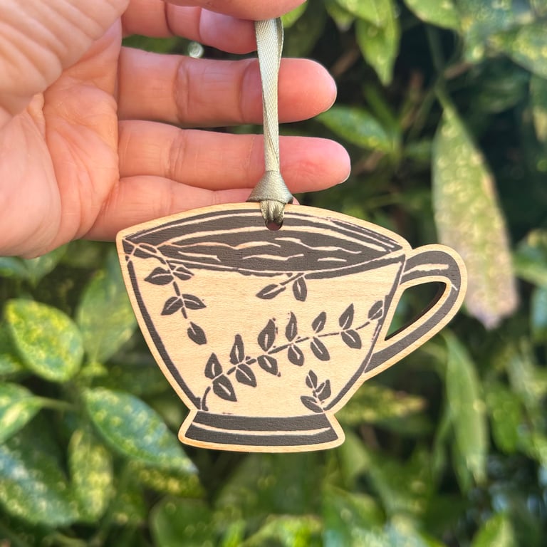 'Little Leaves Tea Cup' Wooden Hanging Decoration
